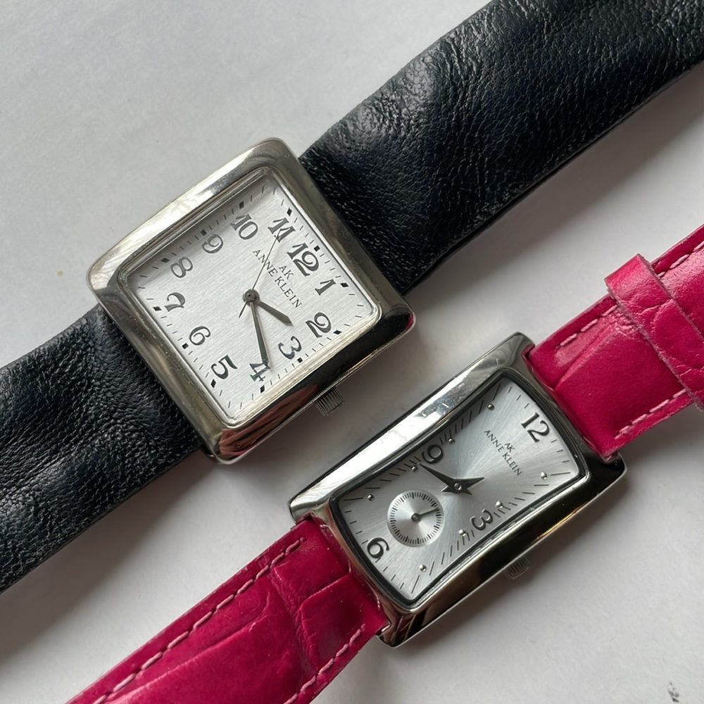 Bundle of 2 Anne Klein Leather Watches - Black & Silver, Magenta Pink & Silver